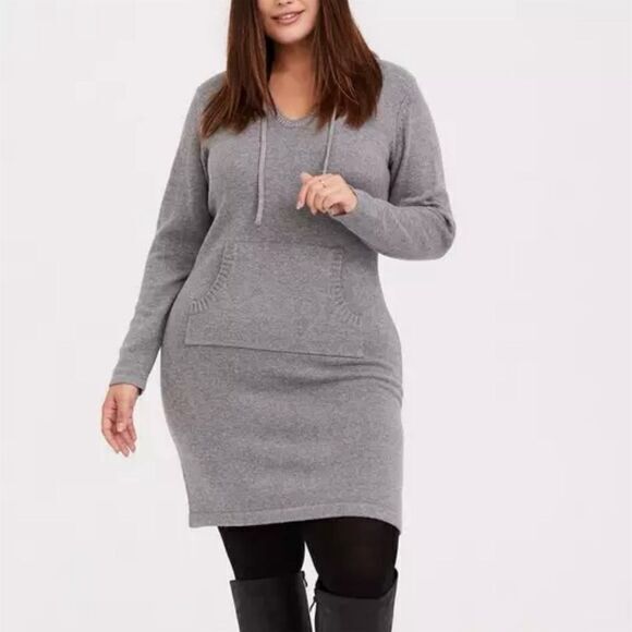 Torrid Plus Size 1X Gray Hooded Midi Sweater Dress Long Sleeve Bodycon V Neck - Picture 1 of 11